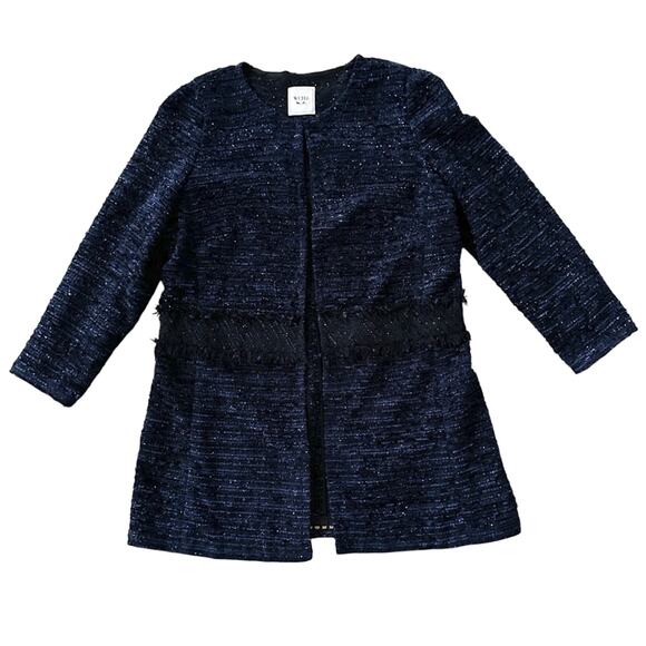 WEILL Blue & Black Metallic Tweed Lesage Collarless Long Coat Size 44/12 - Picture 1 of 6